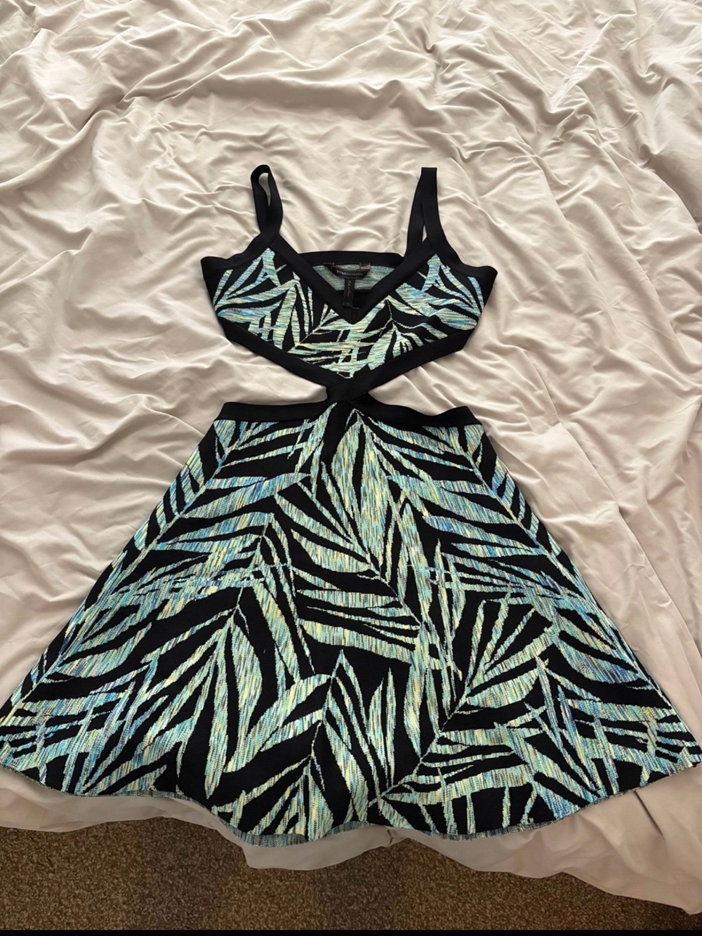 BCBGMaxAzria Black Dress with Aqua and Pale Green Leaf Pattern size Xs